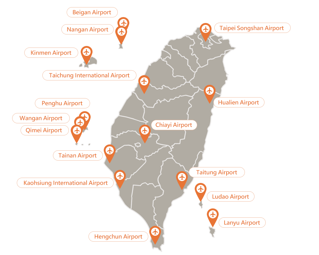 Locations of the 16 Airports in Taiwan: