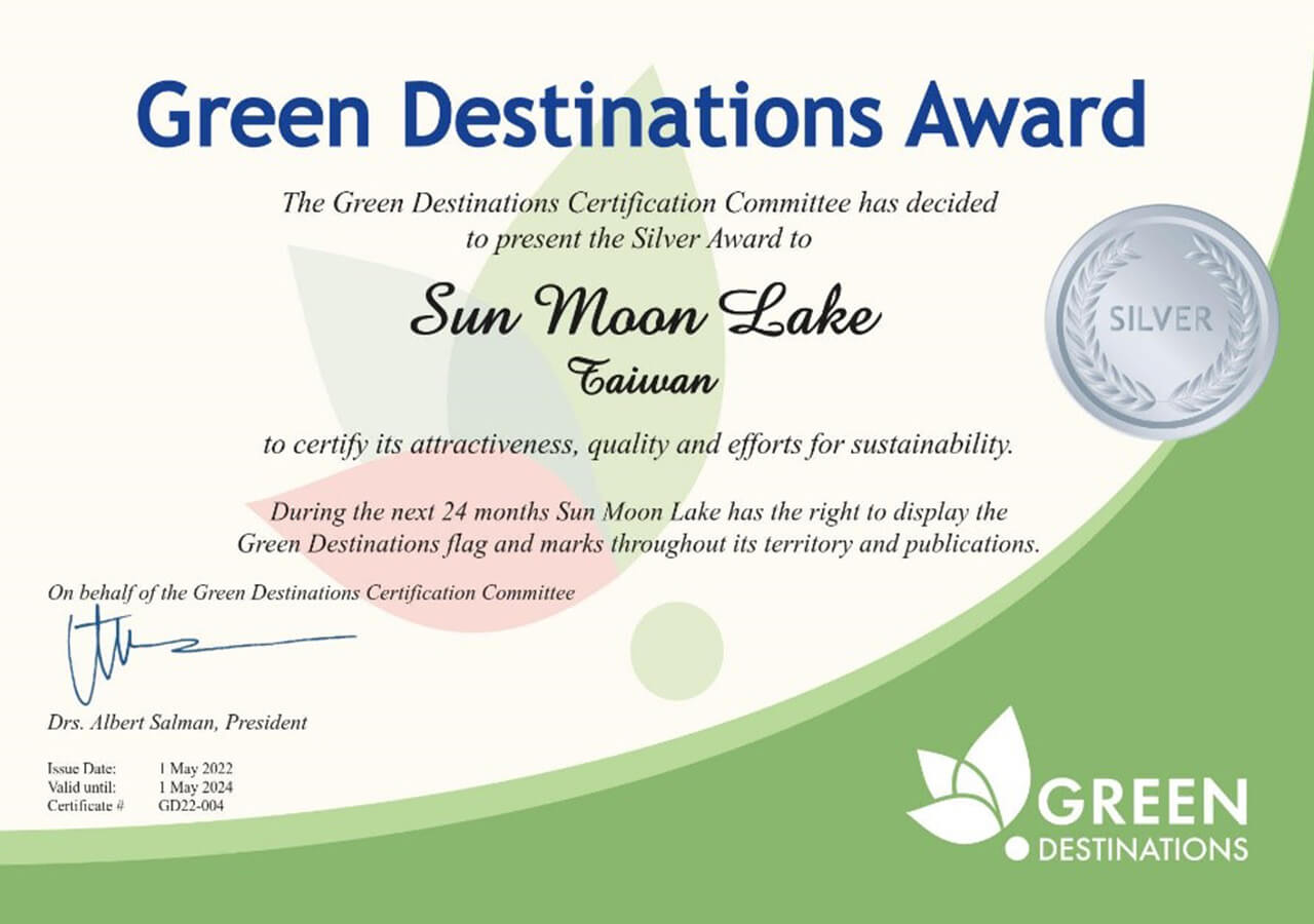The Green Destinations Certification Committee has decided to present the Silver Award to Sun Moon Lake Taiwan to certify its attractiveness, quality and efforts for sustainability.
