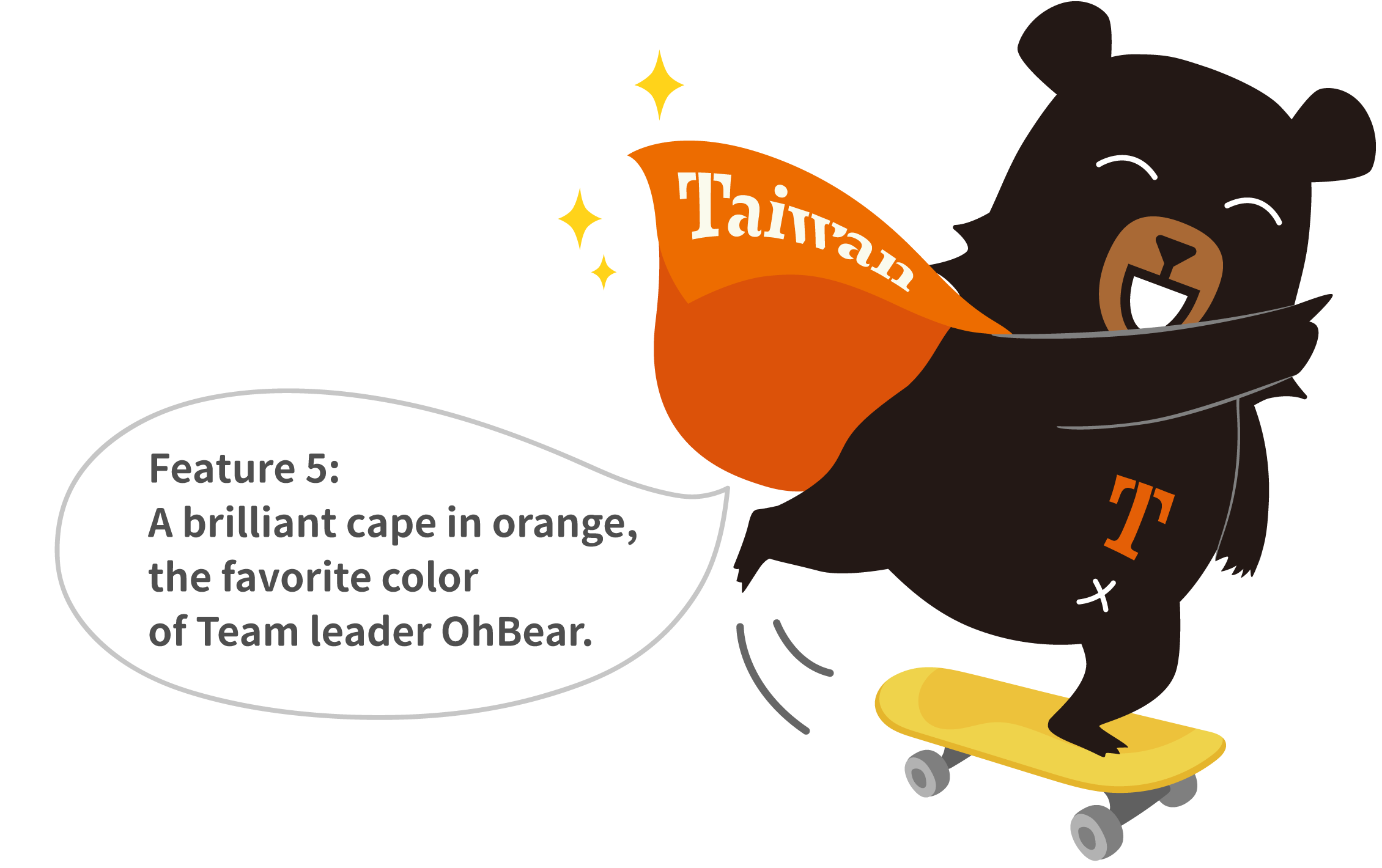 Feature 5:
A brilliant cape in orange, the favorite color of Team leader OhBear.
