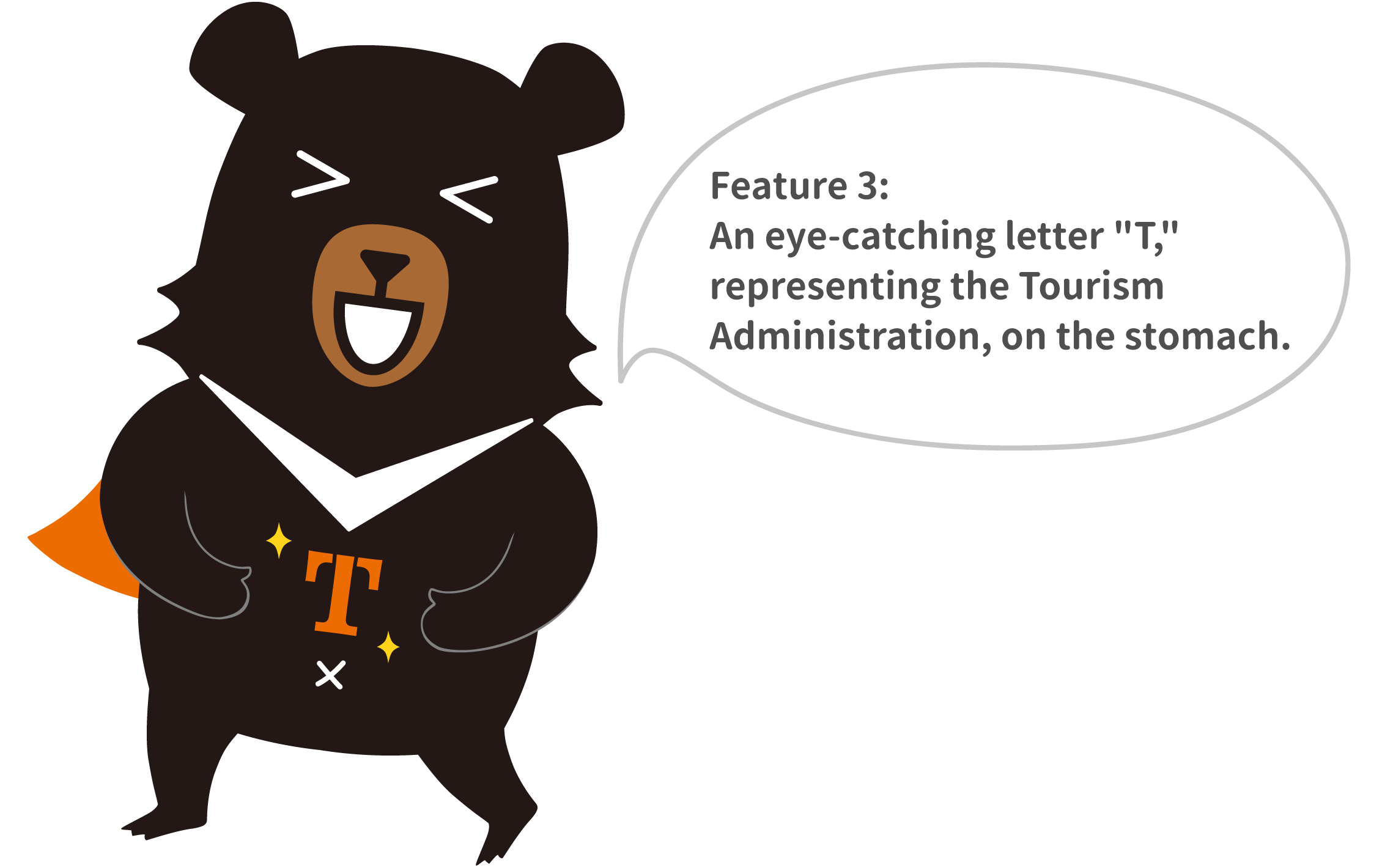 Feature 3:
An eye-catching letter "T," representing the Tourism Bureau, on the stomach.
