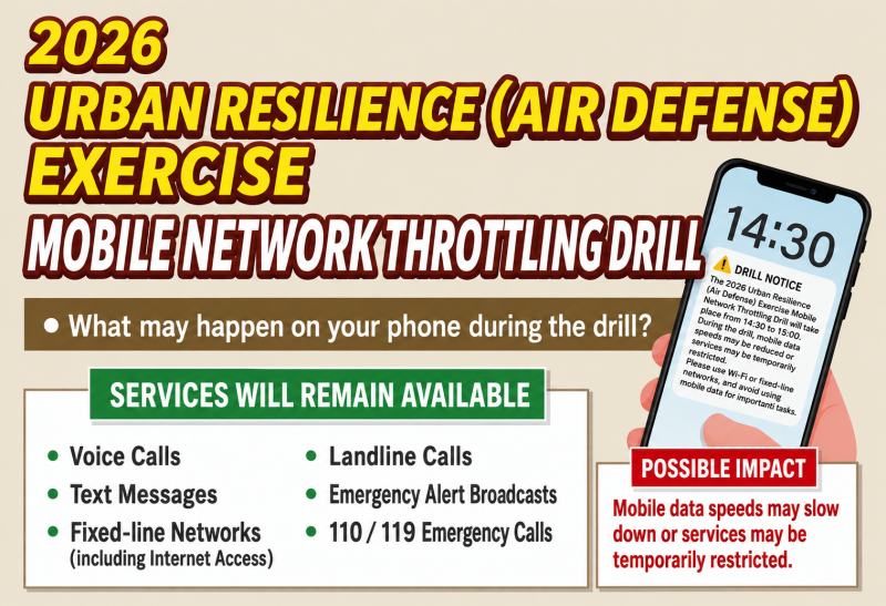 2026 Urban Resilience (Air Defense) Exercise Mobile Network Throttling Drill May Affect Access to Official Websites, Online Services, and Electronic Payment Services During Scheduled Drill Periods